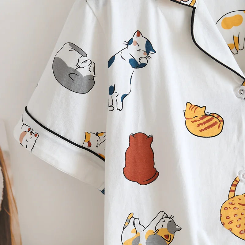 Cats Print 100% Cotton Short Sleeve Shorts Pajama Set