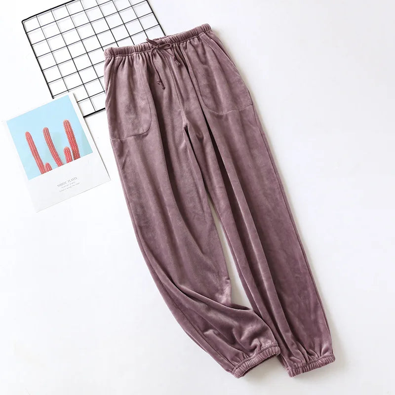 Autumn Winter Velvet Pajama Bottoms - Flannel Pajama Trousers with Pockets