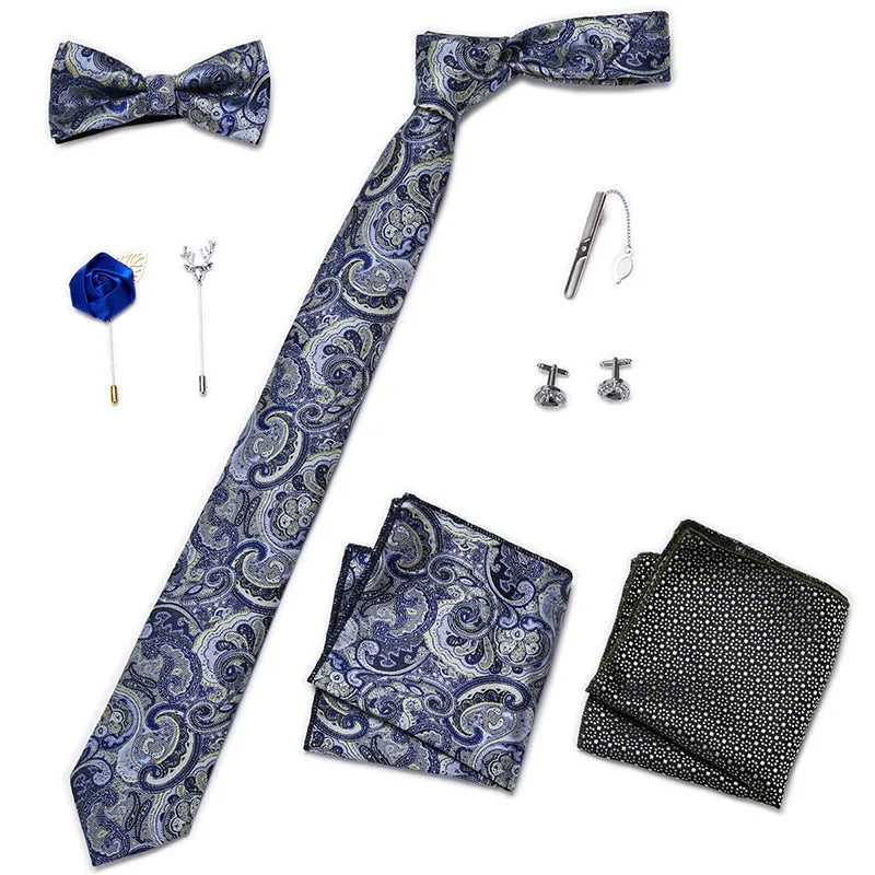 Luxury Bowtie 8 Pcs Tie Set Necktie, Bowtie, 2 Brooches, 2 Cufflinks, and 2 Pocket square