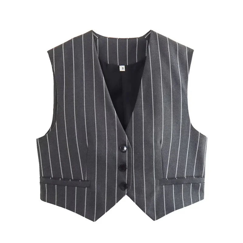 Women's 3 Pcs Striped Suit Blazers, Vest, and Wide Leg Trousers Suit