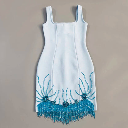 Beaded Tassel Square-Neck Mini Bandage Dress