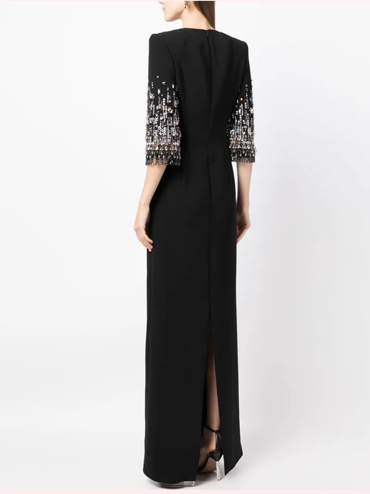 Beaded Haute Couture Floor-Length Dress – 3/4 Sleeves, Formal Elegance