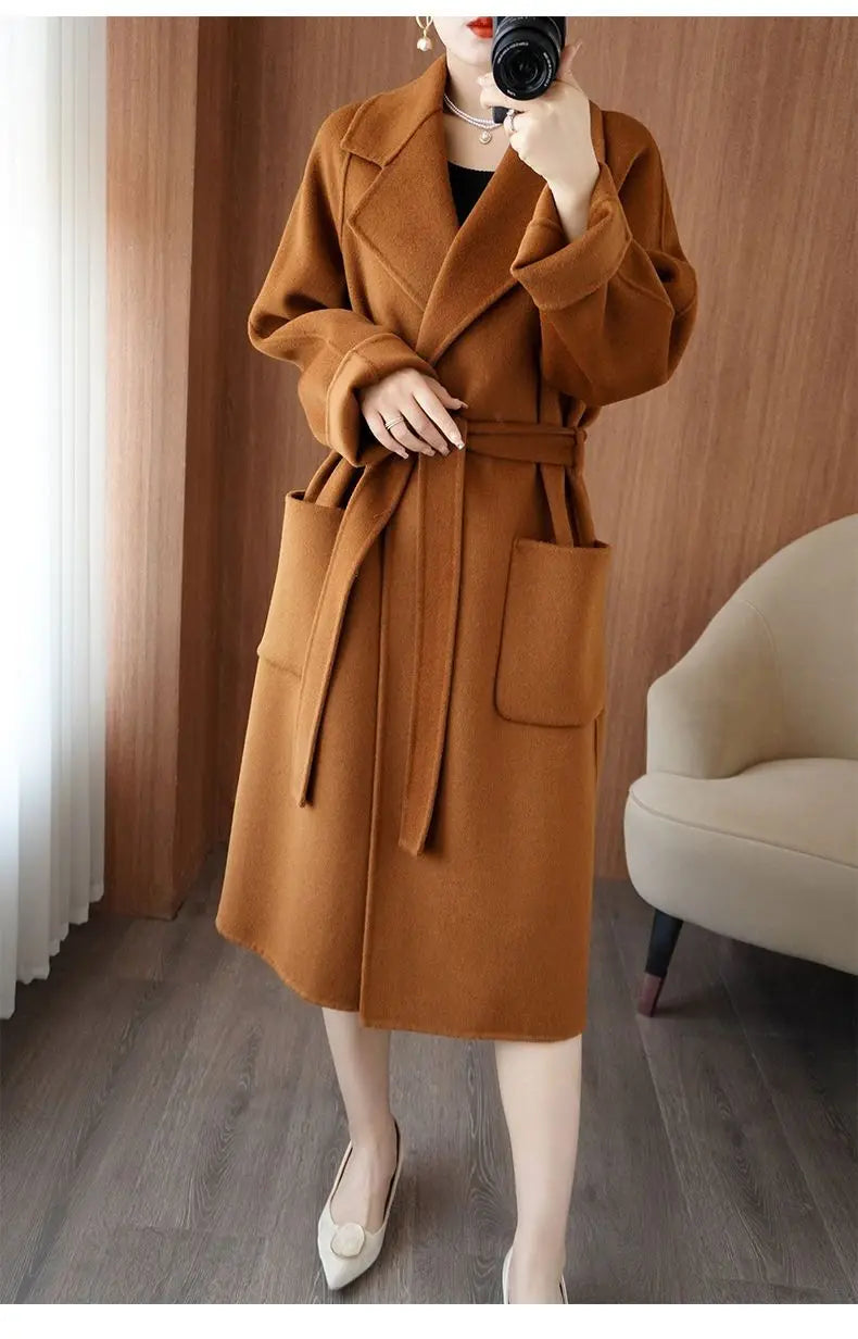 100% Cashmere-Wool Blend Belted Long Overcoat