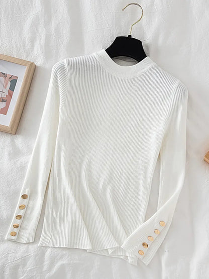 Round Neckline Button Sleeve Sweater