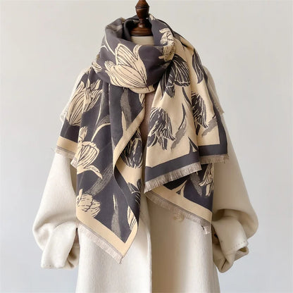 Tulip Flower Print Cashmere Scarf Double-Sided Pashmina