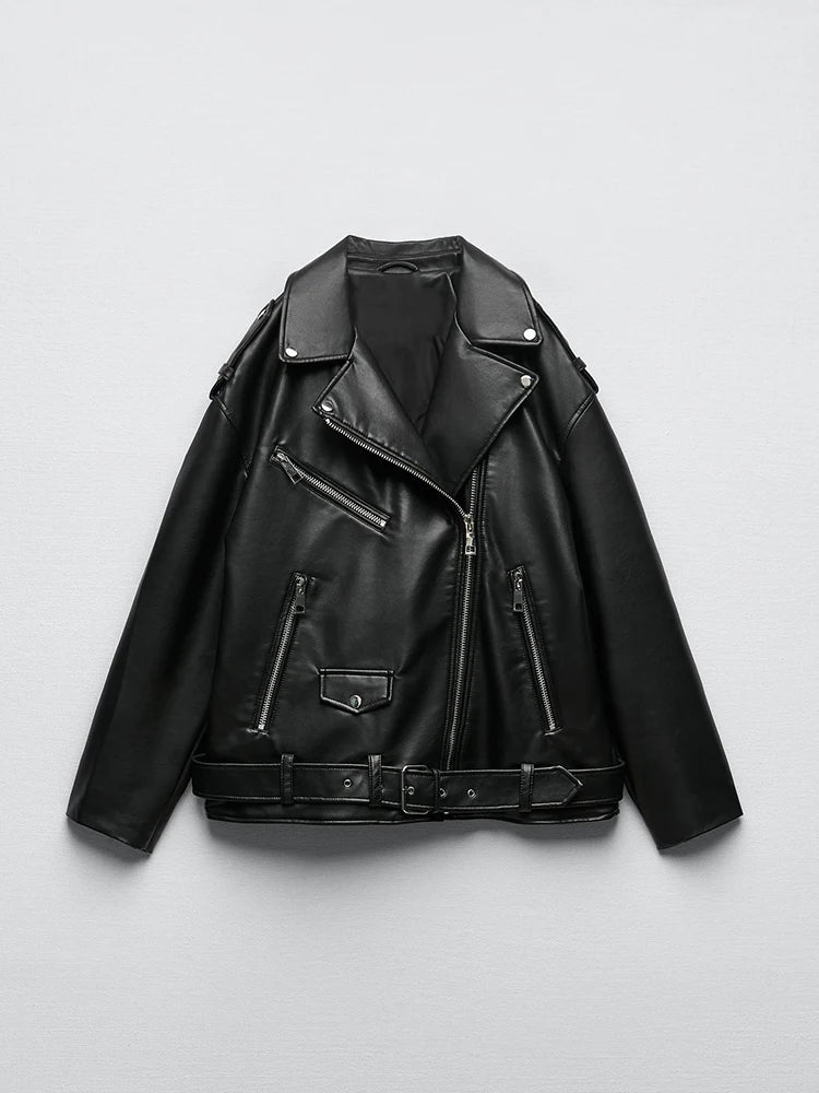 Women's Loose Black Leather Jacket with Belt