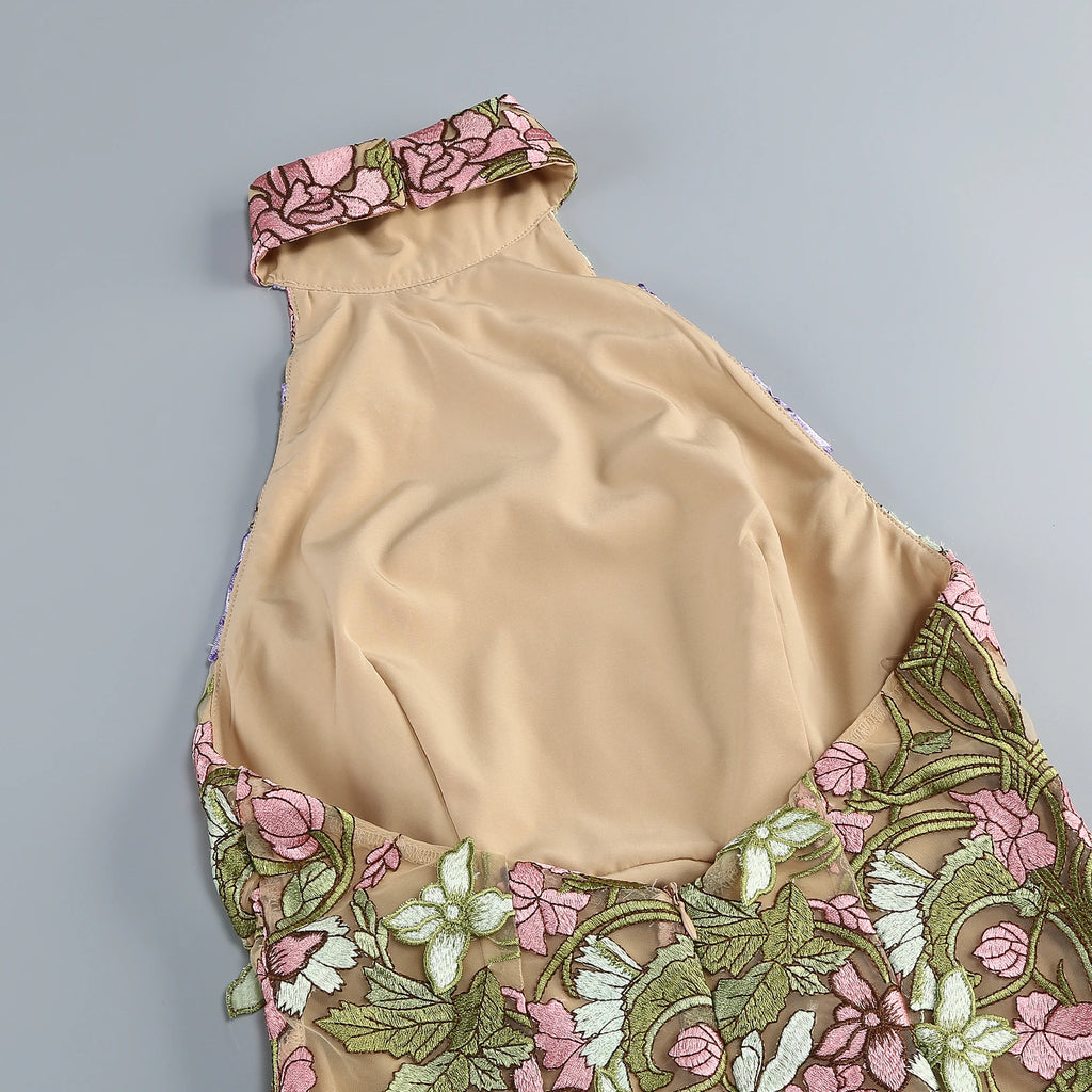 Floral Embroidery Halter Neckline Mini Dress