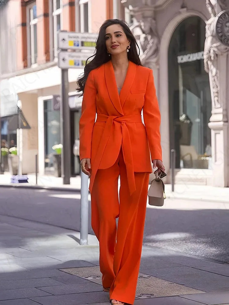 Belted Blazer and High Waist Wide Leg Trousers Suit