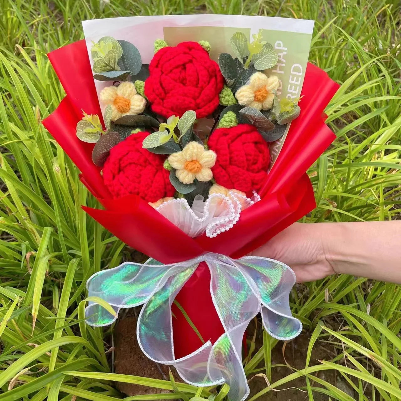 Handmade Crochet Knitted Flowers Bouquet - Valentine's Day Gift For Her