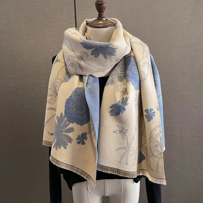 Poppy Flower Print Cashmere Scarf 180* 65 CM Double-Sided Scarf