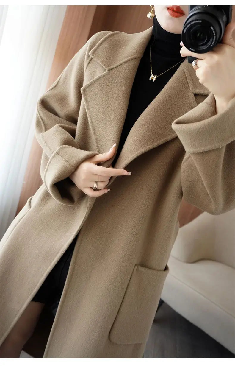 100% Cashmere-Wool Blend Belted Long Overcoat