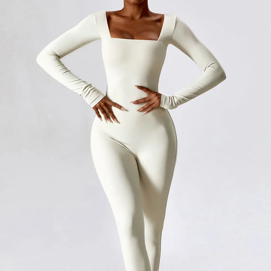 Square Neckline Long Sleeve Skinny Leg Jumpsuit