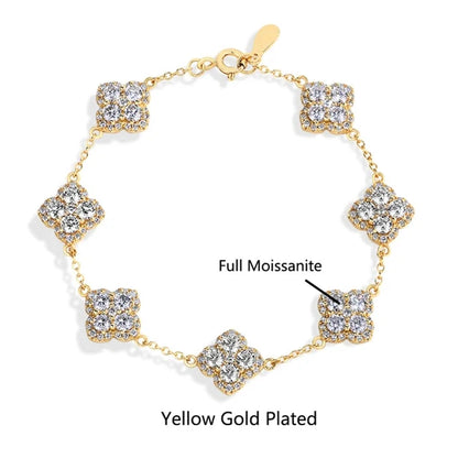 18K Gold Plated Four Leaf Clover Moissanite Bracelet - Gift for Her