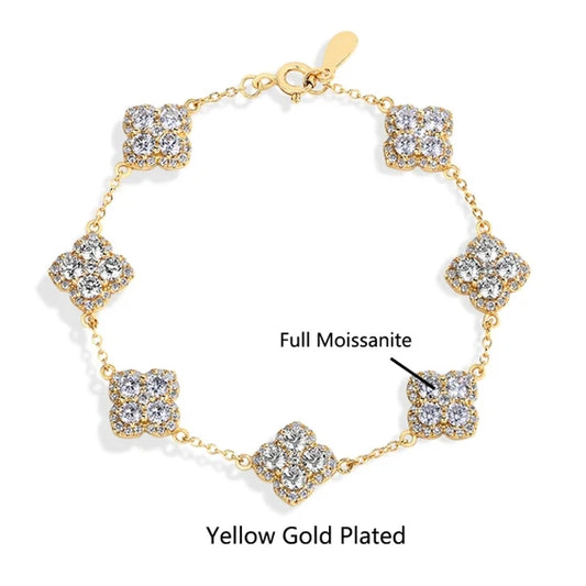 18K Gold Plated Four Leaf Clover Moissanite Bracelet - Gift for Her