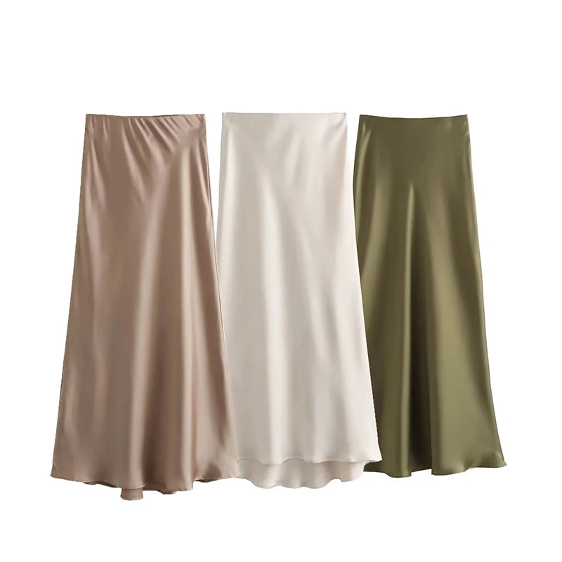 A-Line High Waist Satin Midi Skirt