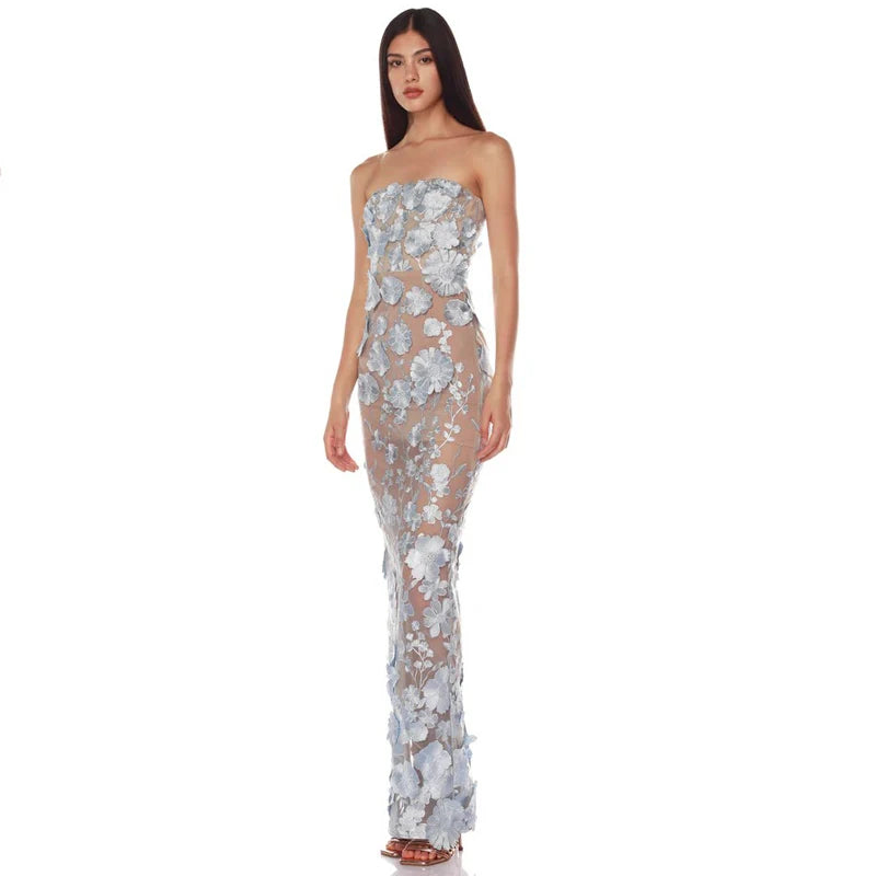 Strapless Embroidered Floral Long Dress