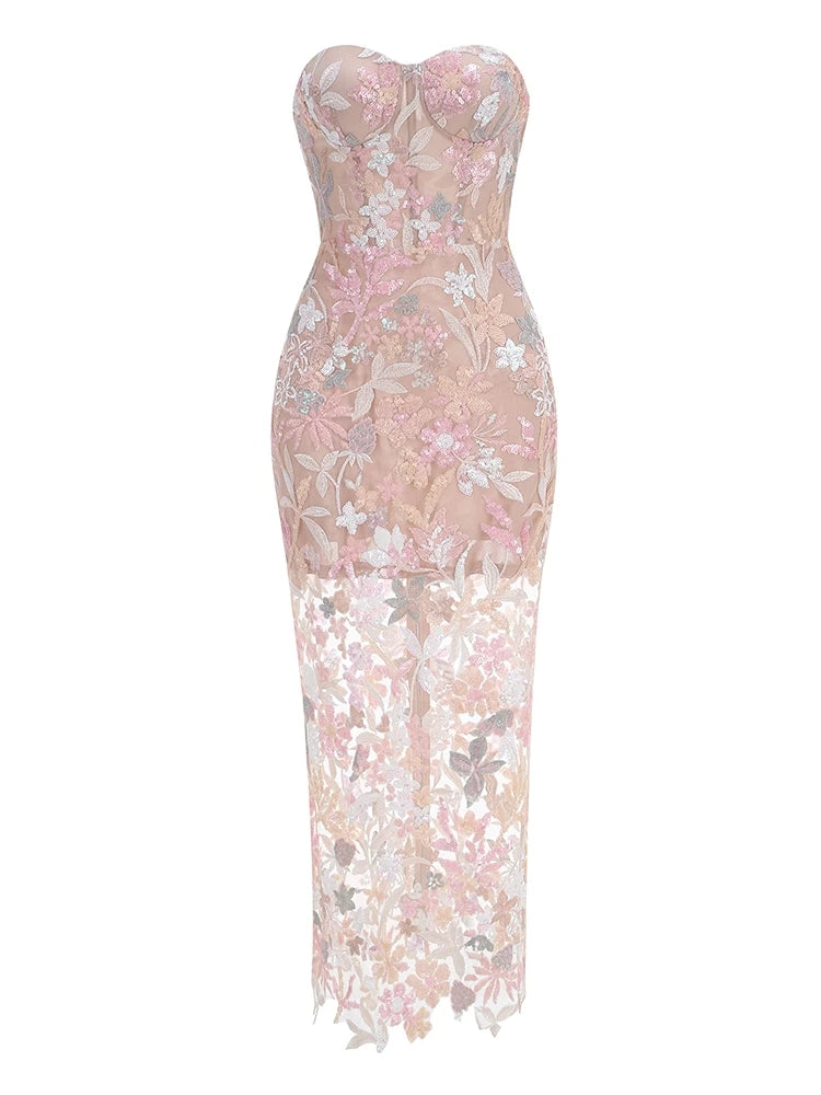 Strapless Sequin Floral Long Dress – Ankle-Length Gown