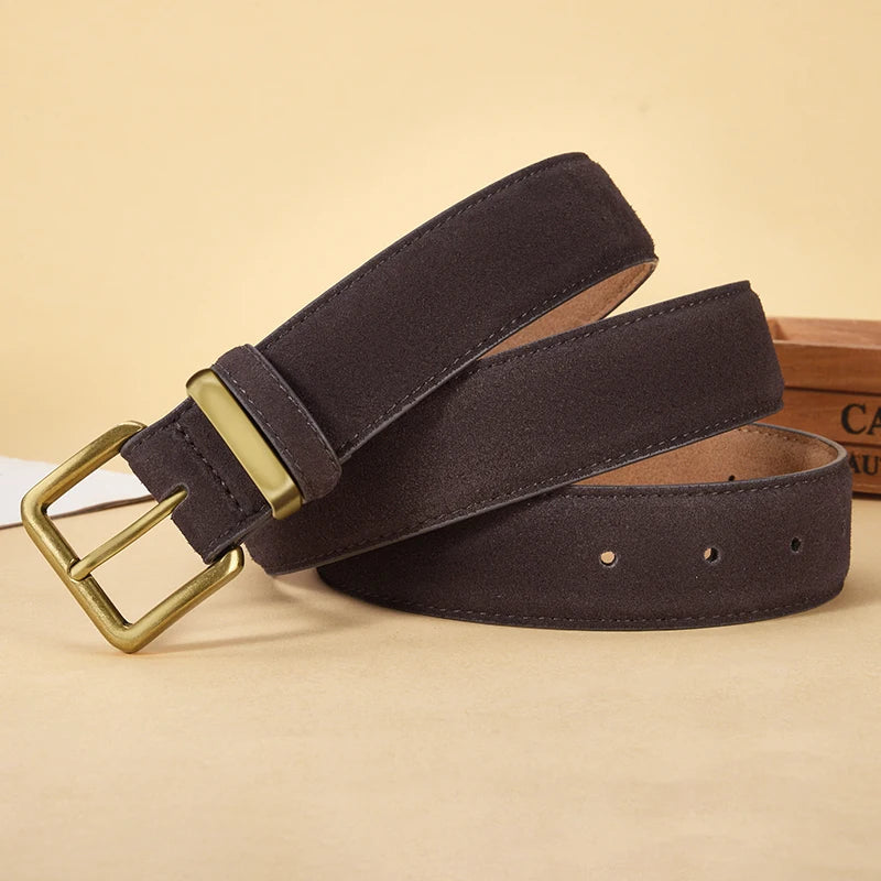 100% Suede Leather Belt for Women & Men with Gold Buckle