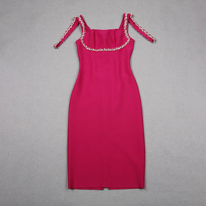 Fuchsia Spaghetti Straps Crystal-Encrusted Details Midi Dress