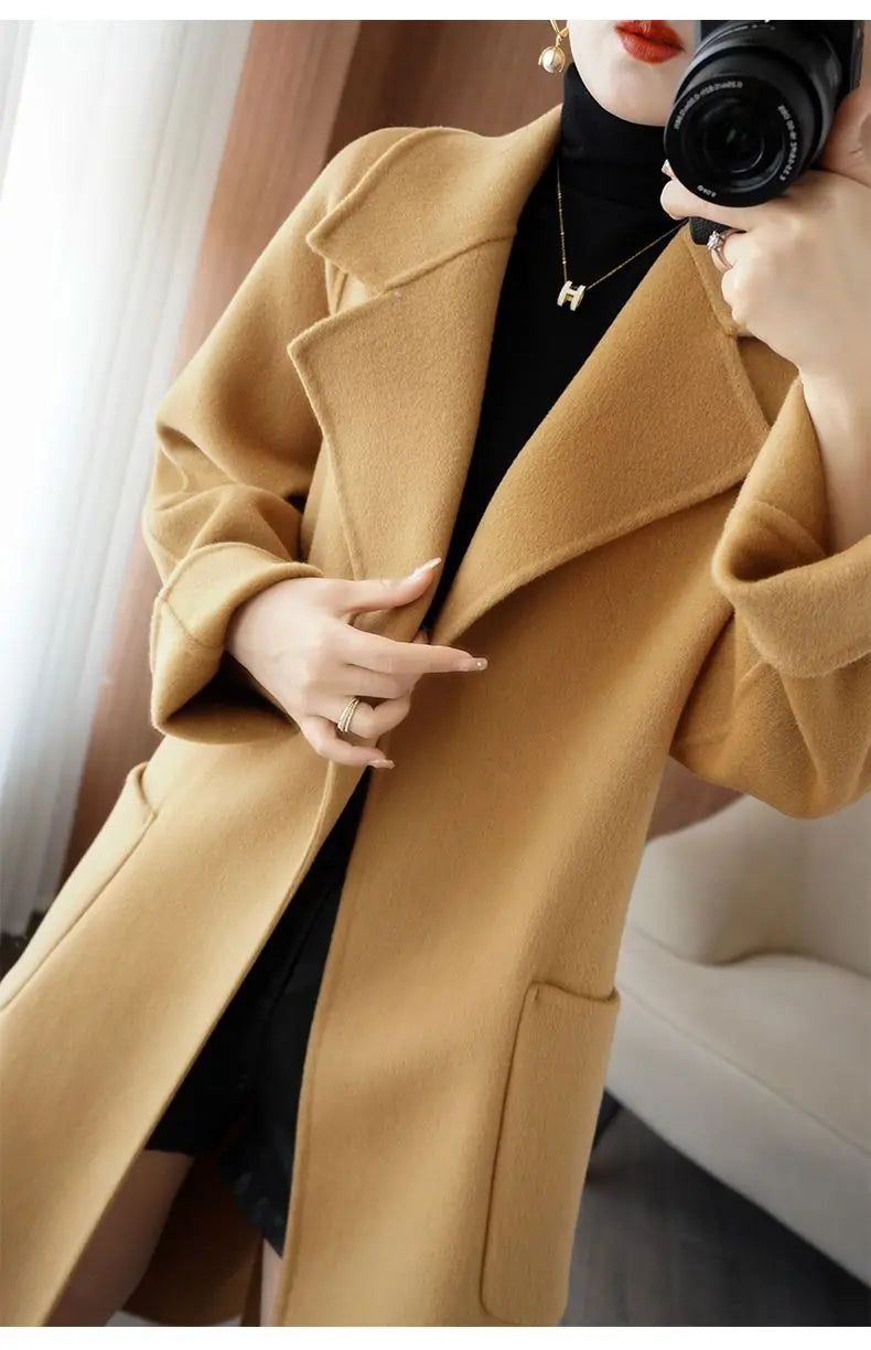 100% Cashmere-Wool Blend Belted Long Overcoat