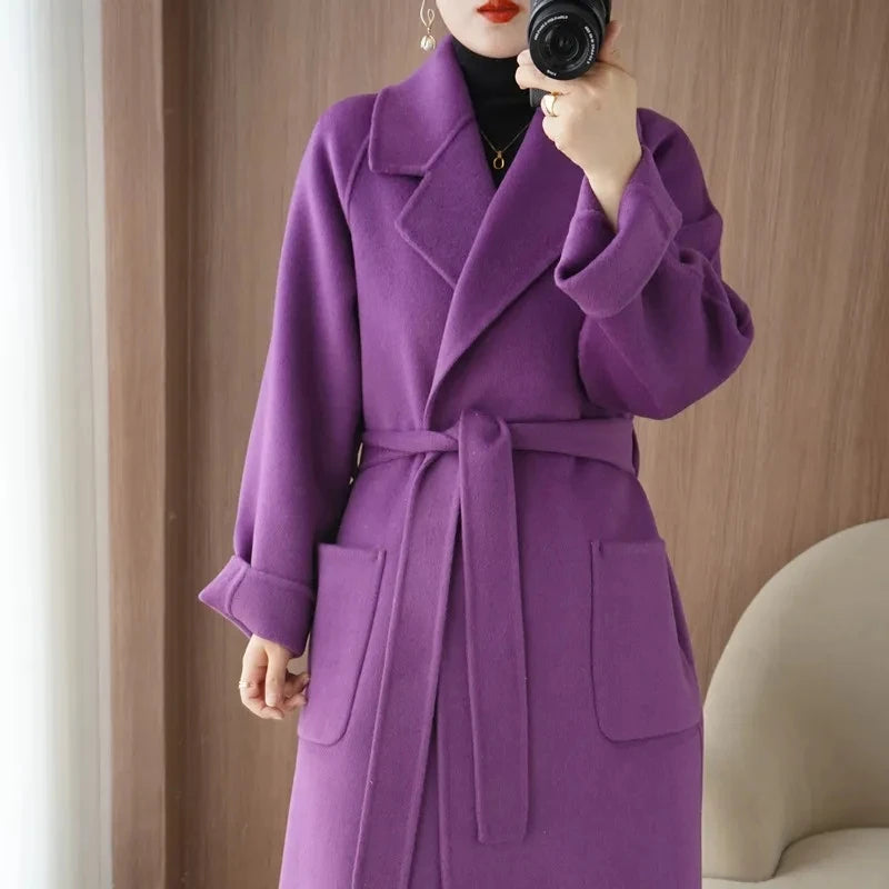 100% Cashmere-Wool Blend Belted Long Overcoat