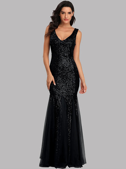 Sleeveless V Neckline Sequin Evening Dress