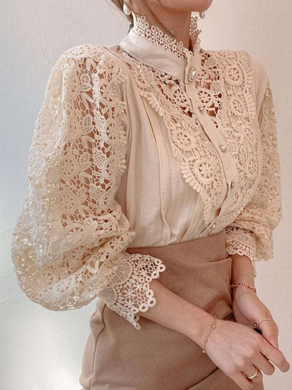 Feminine Petal Flower Cut out Sleeves Lace Blouse Button Shirt