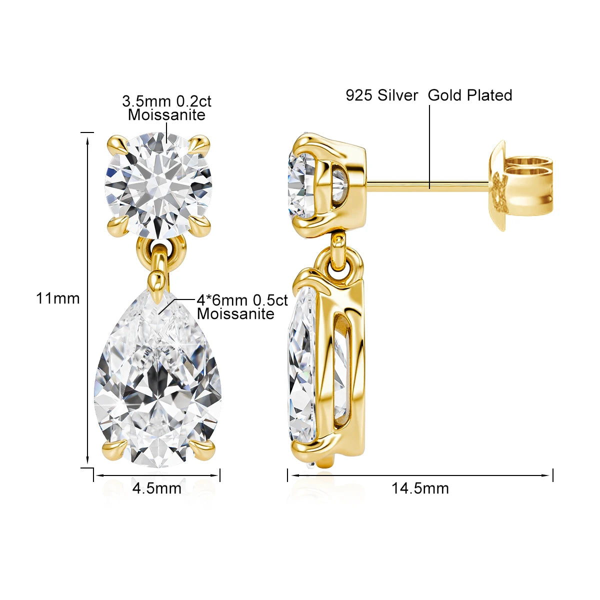 18K Gold Plated Two-Stone Moissanite Earrings Round & Pear Cut