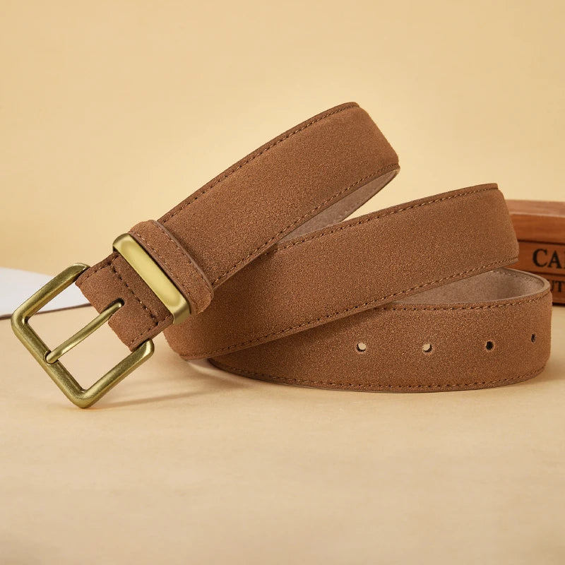 100% Suede Leather Belt for Women & Men with Gold Buckle
