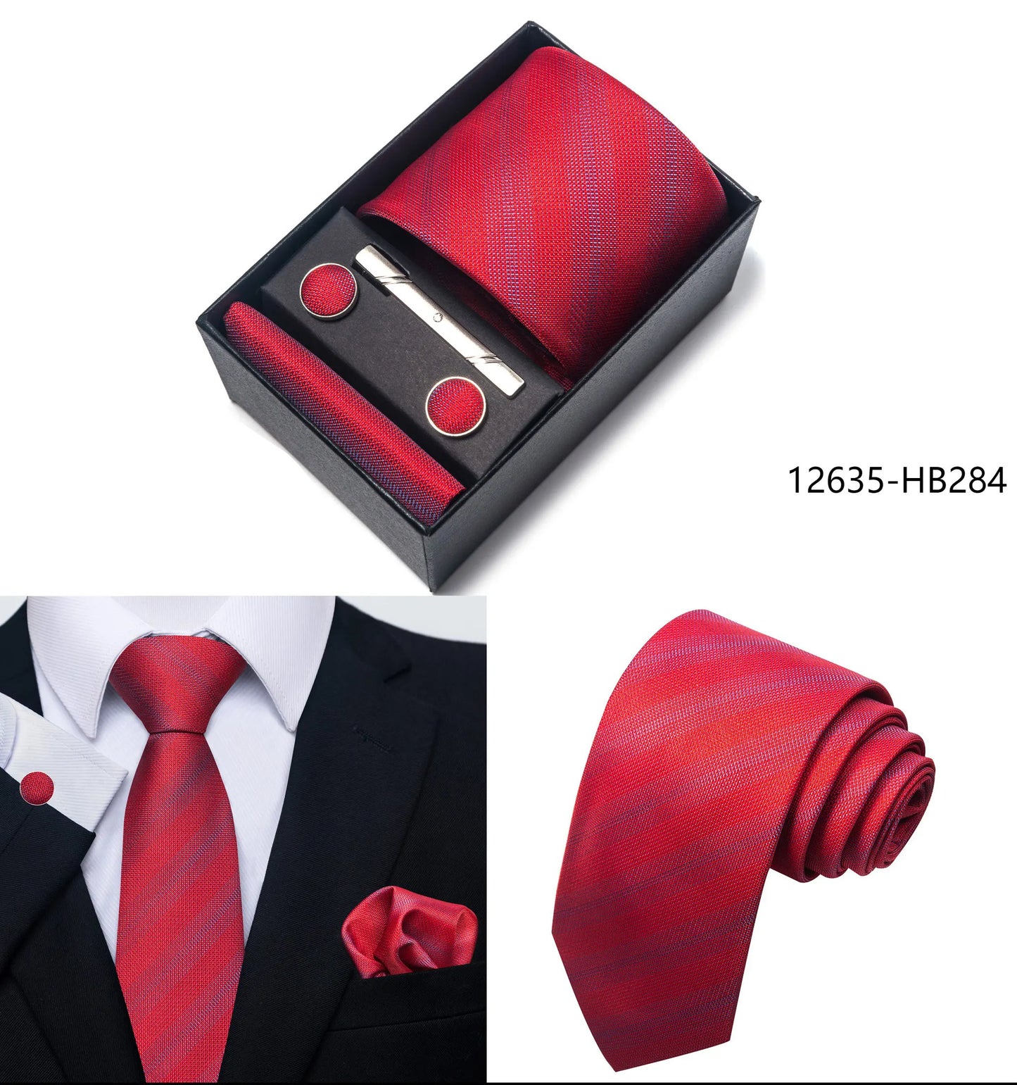 Solid Color 5 Pcs Tie Set Handkerchief, Cufflinks, Tie and Clip