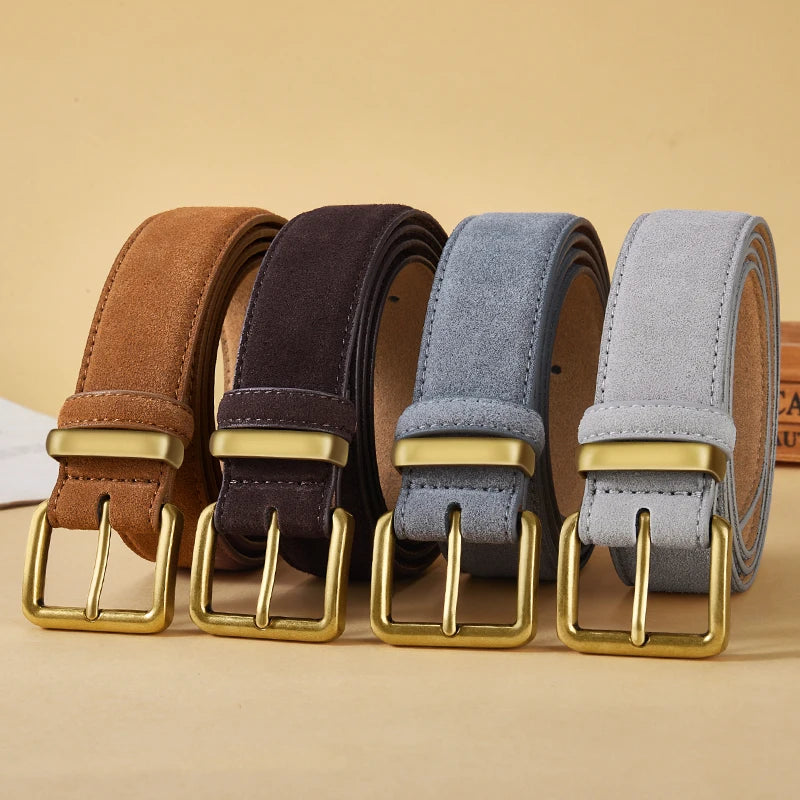 100% Suede Leather Belt for Women & Men with Gold Buckle