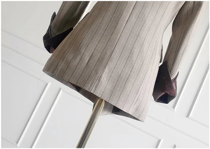 Women’s Khaki Striped Slim-Fit Suit – Tailored Blazer with Foldable Cuffs
