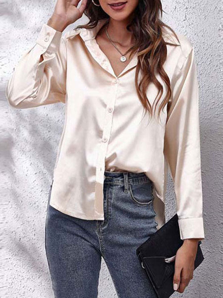 Loose Fit Satin Long Sleeve Button Up Blouse Shirt