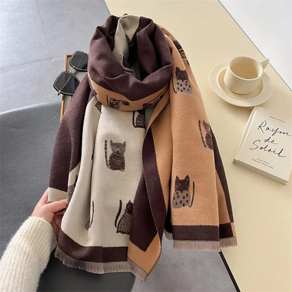 Double-Sided Cashmere Cat Print Scarf Pashmina - Cat Lovers Gift