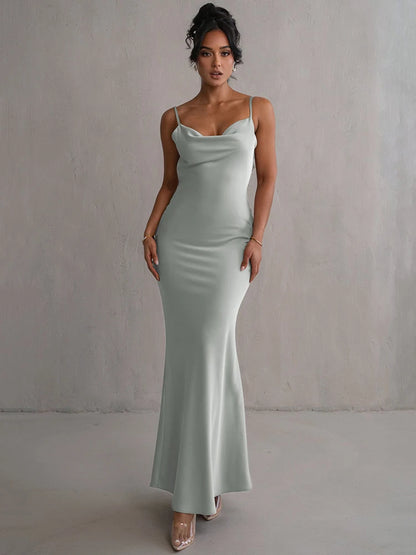 Spaghetti Straps Backless Flowers Back Details Satin Dress - Bridesmaid Dress