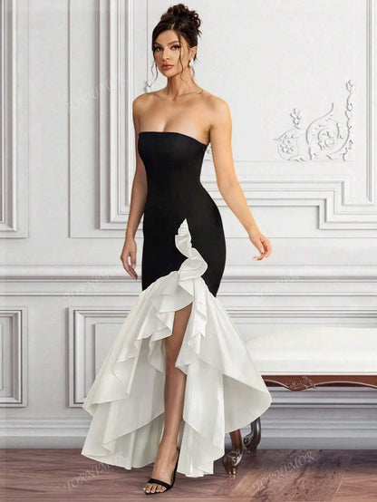 Strapless Black and White Mermaid Black Tie Dress