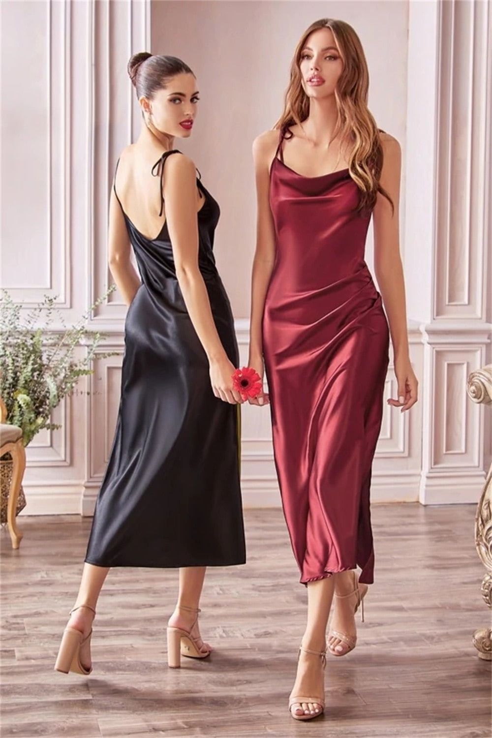 Cowl Neckline Spaghetti Straps Satin Dress, Bridesmaid Dress