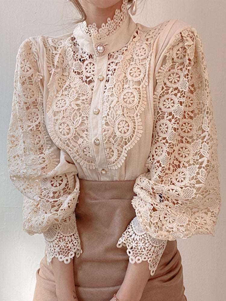 Feminine Petal Flower Cut out Sleeves Lace Blouse Button Shirt