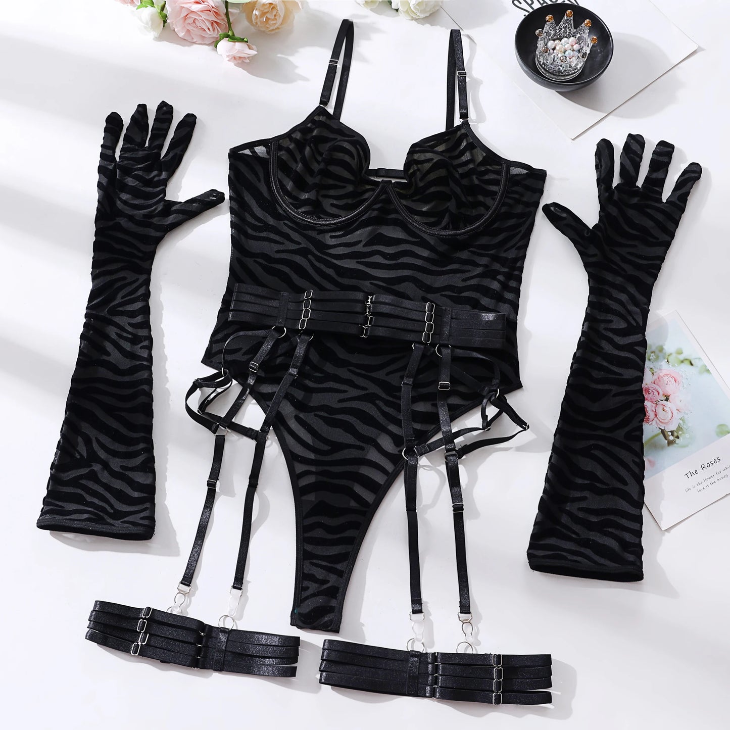 6 Pcs Lace Bodysuit Lingerie Set With Gloves, Leg and Waist Straps - Lingerie Bodysuit