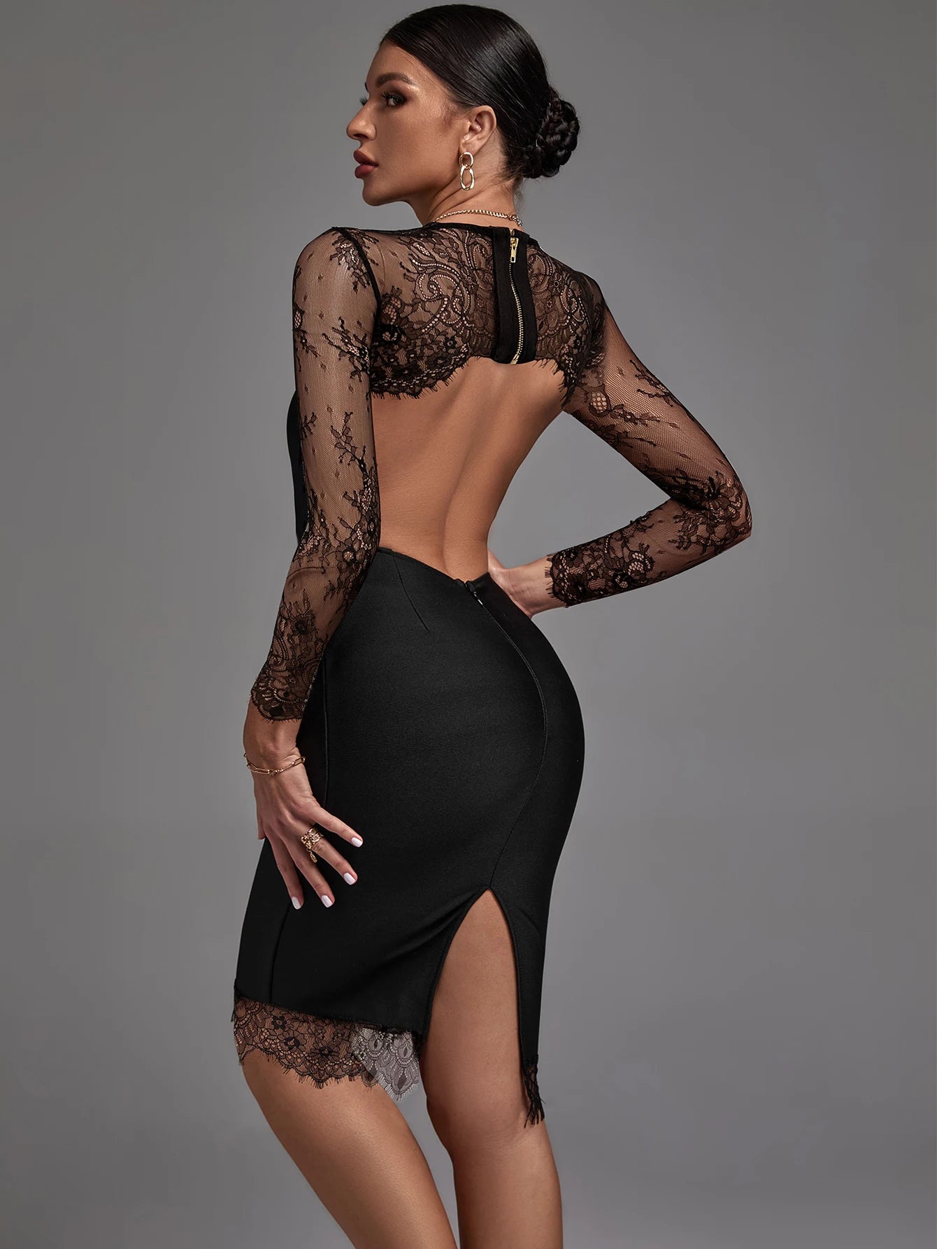 Crew Neckline Back Cut-Out Lace Details Black Bandage Dress