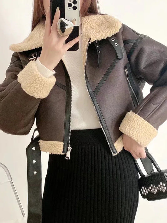 Fur Details Leather Cropped Jacket with Belt