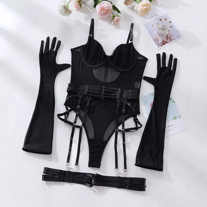 6 Pcs Lace Bodysuit Lingerie Set With Gloves, Leg and Waist Straps - Lingerie Bodysuit