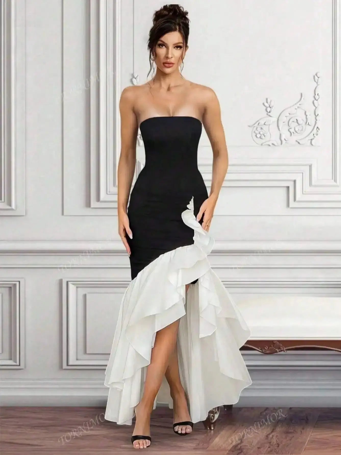 Strapless Black and White Mermaid Black Tie Dress