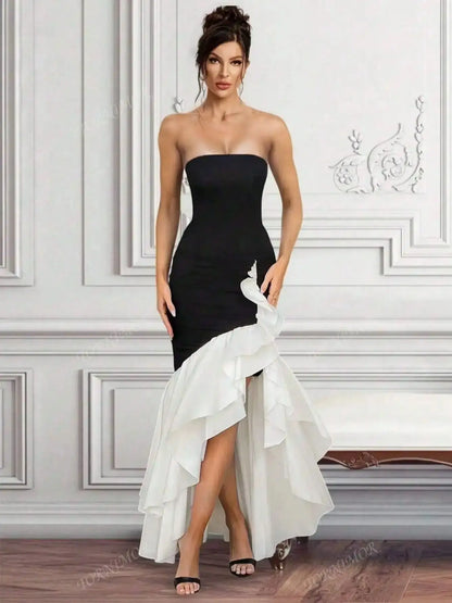 Strapless Black and White Mermaid Black Tie Dress