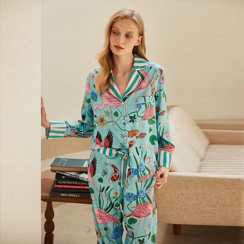 Flamingo Print Satin Long Sleeve Pajama Set