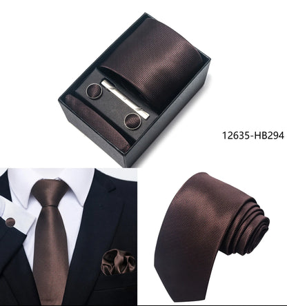 Solid Color 5 Pcs Tie Set Handkerchief, Cufflinks, Tie and Clip