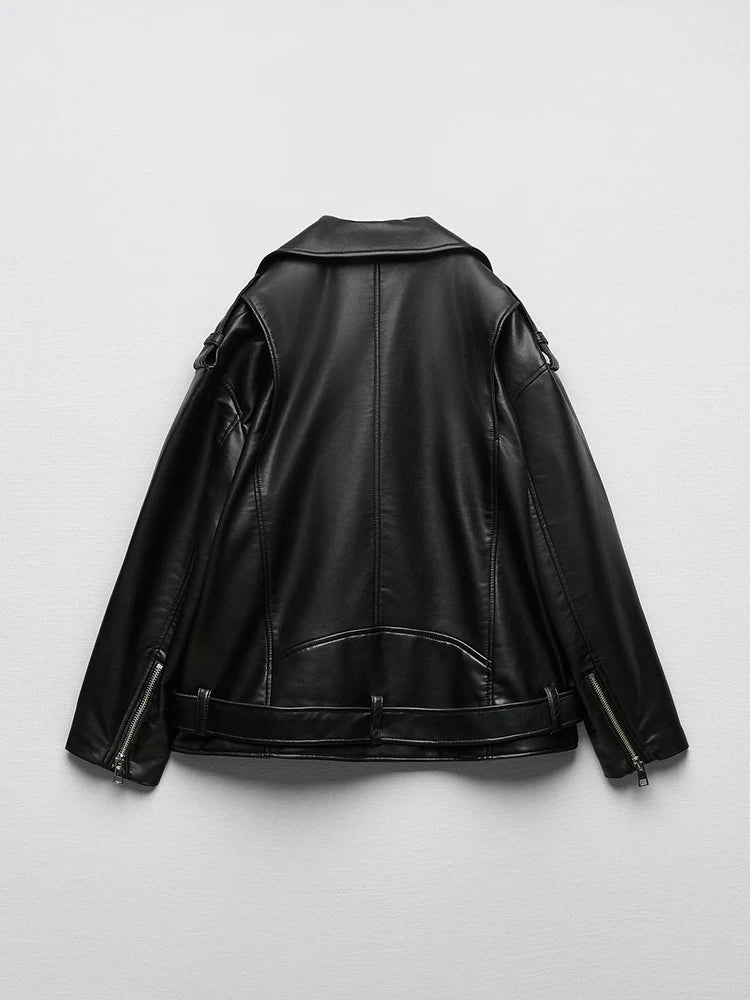 Women's Loose Black Leather Jacket with Belt