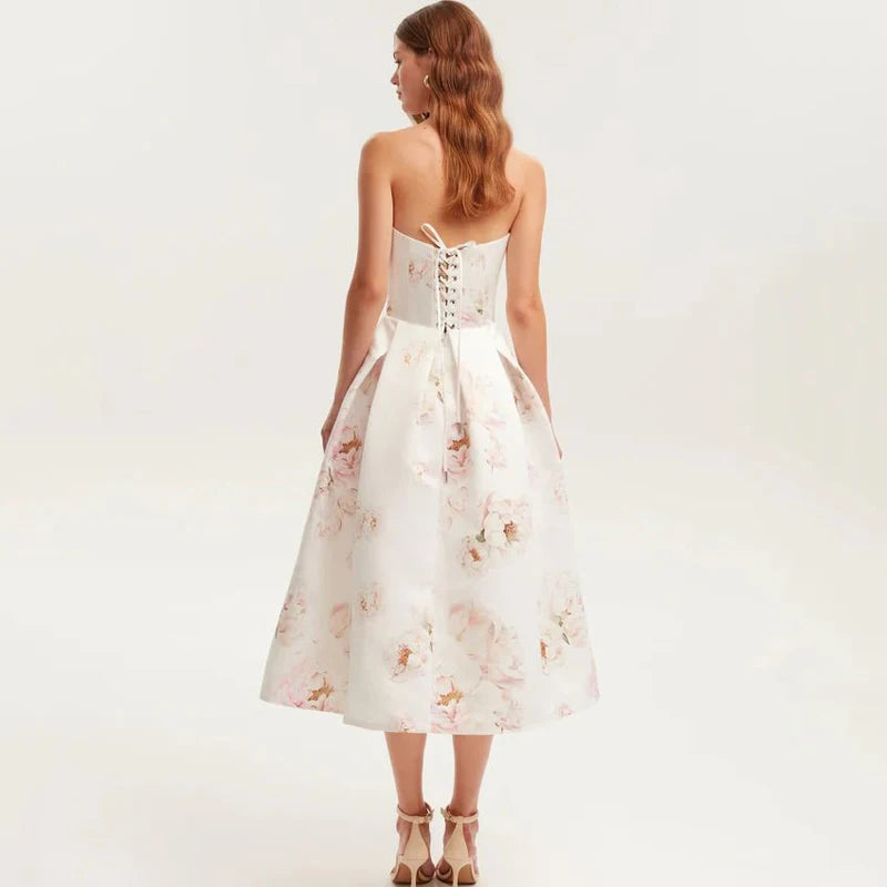 Strapless Floral Print A-Line Dress