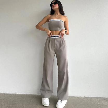 Sleeveless Crop Top and High Waist Wide Leg Trousers Casual Set