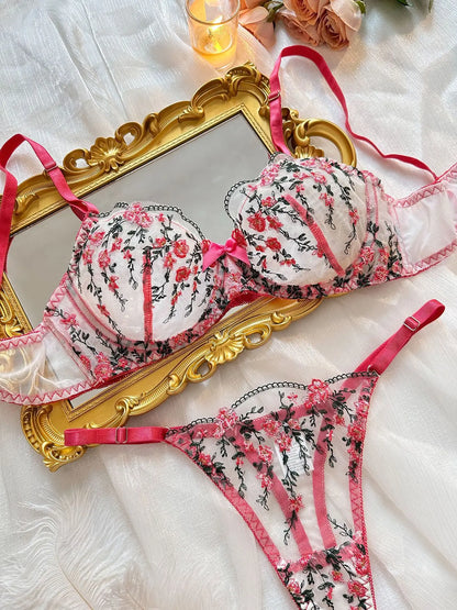 Lace Flowers Embroidery Lingerie Set - Lace Bra & Brief Underwear Set